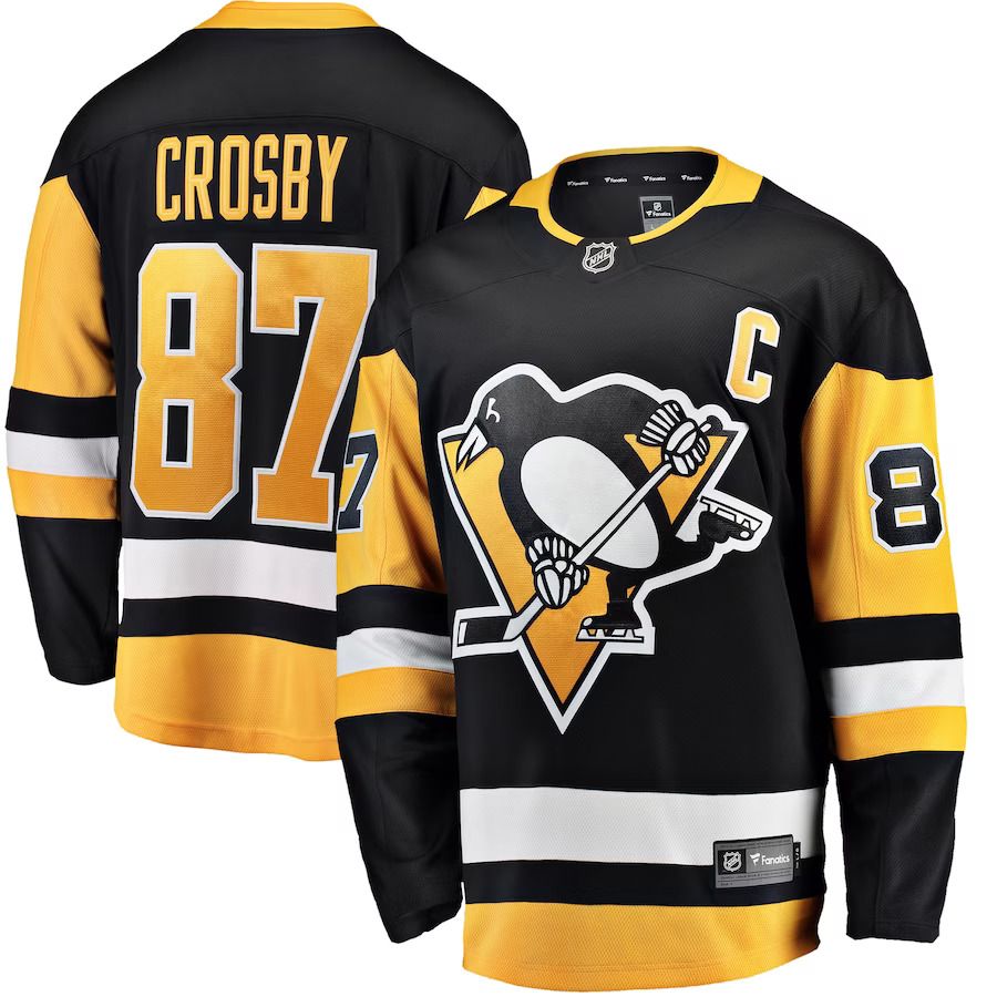 Men Pittsburgh Penguins 87 Sidney Crosby Fanatics Branded Black Captain Patch Home Breakaway NHL Jersey